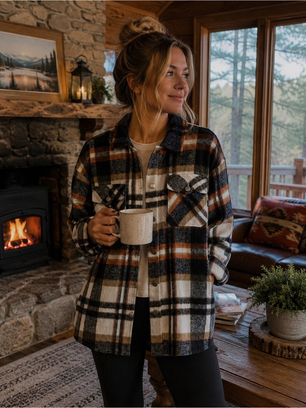 Flannel Sz M plaid shirt shacket seasonal colorway of orange brown, navy & cream
